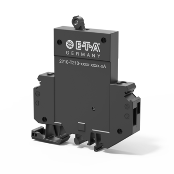 Typ 2210-T2 von E-T-A： Ein- und mehrpoliger， thermisch-magnetischer Schutzschalter mit Kipphebelbetätigung.