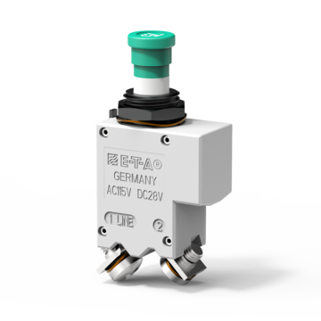 Typ 4120 von E-T-A： Einpoliger， thermischer Schutzschalter mit Gewindehalsbefestigung und Druck/Zug-Betätigung.