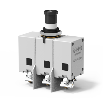Typ 583 von E-T-A： Dreipoliger， thermischer Schutzschalter mit Gewindehalsbefestigung und Druck/Zug-Betätigung.